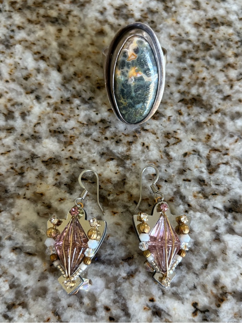Hand Made Crystal Drop Earrings and Silver Stone Ring Set